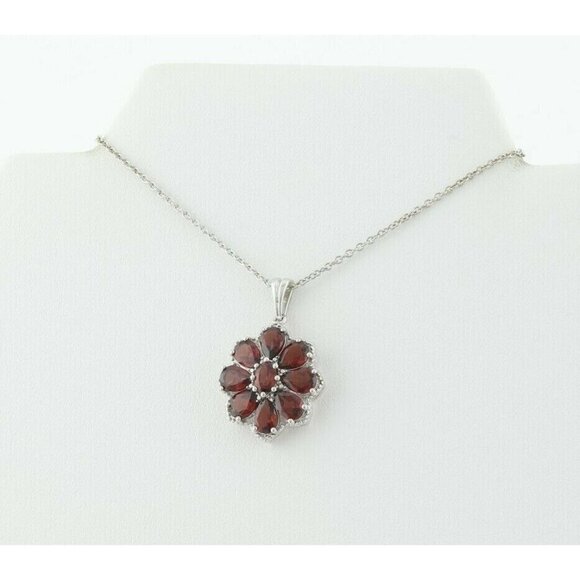 Sterling Silver Garnet Flower Necklace 20 inch Chain - Picture 7 of 8